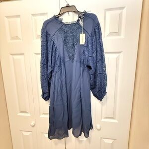 Sundance Blue Lace Boho Dress Size Large NWT Sheer Sleeve Midi